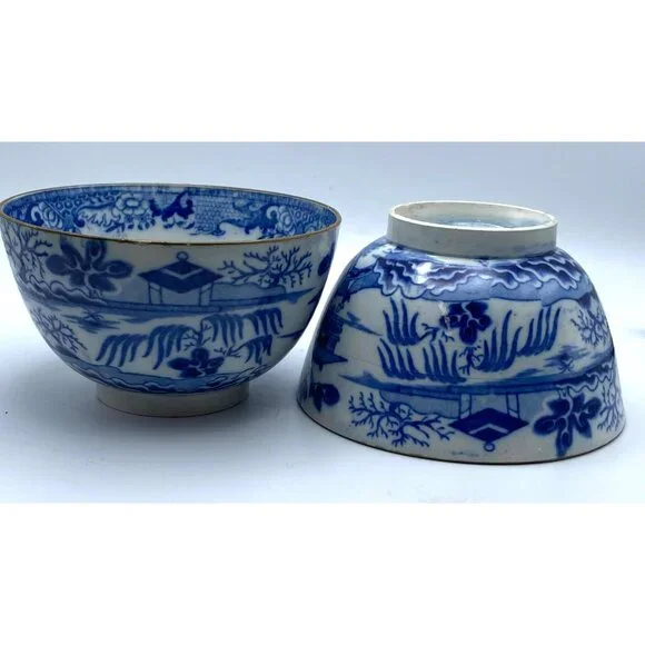 Staffordshire Pearlware Transferware Bowls Blue White late 18th early 19th cent - Picture 6 of 8